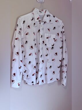 Banana Republic Men’s Slim Fit White Ski-Print Shirt with Red & Brown Accents M